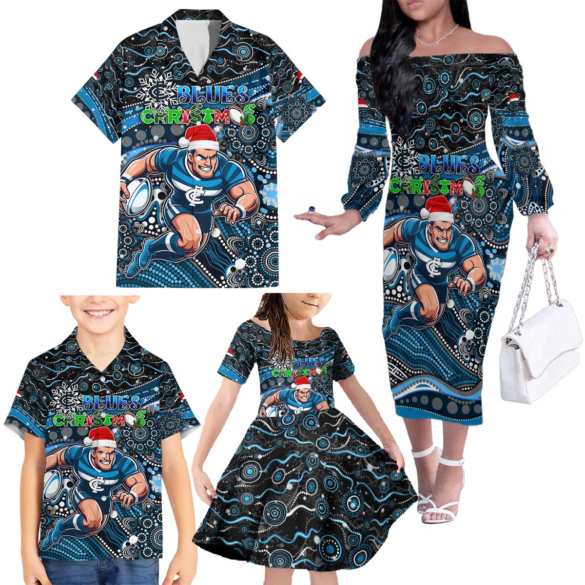 Merry Christmas AFL Carlton Blues Family Matching Off The Shoulder Long Sleeve Dress and Hawaiian Shirt Aboriginal Santa Football Mascot