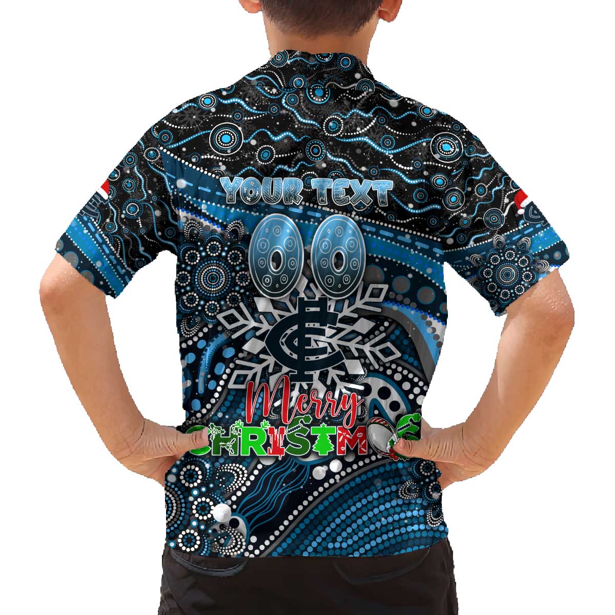 Merry Christmas AFL Carlton Blues Family Matching Off The Shoulder Long Sleeve Dress and Hawaiian Shirt Aboriginal Santa Football Mascot