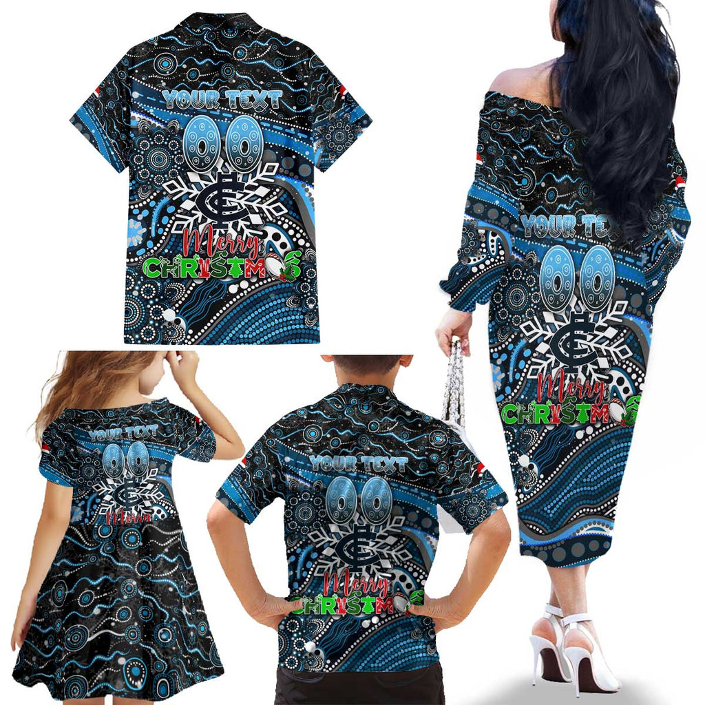 Merry Christmas AFL Carlton Blues Family Matching Off The Shoulder Long Sleeve Dress and Hawaiian Shirt Aboriginal Santa Football Mascot