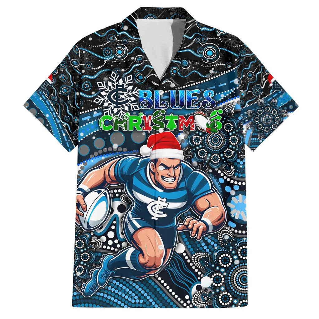 Merry Christmas AFL Carlton Blues Family Matching Off The Shoulder Long Sleeve Dress and Hawaiian Shirt Aboriginal Santa Football Mascot