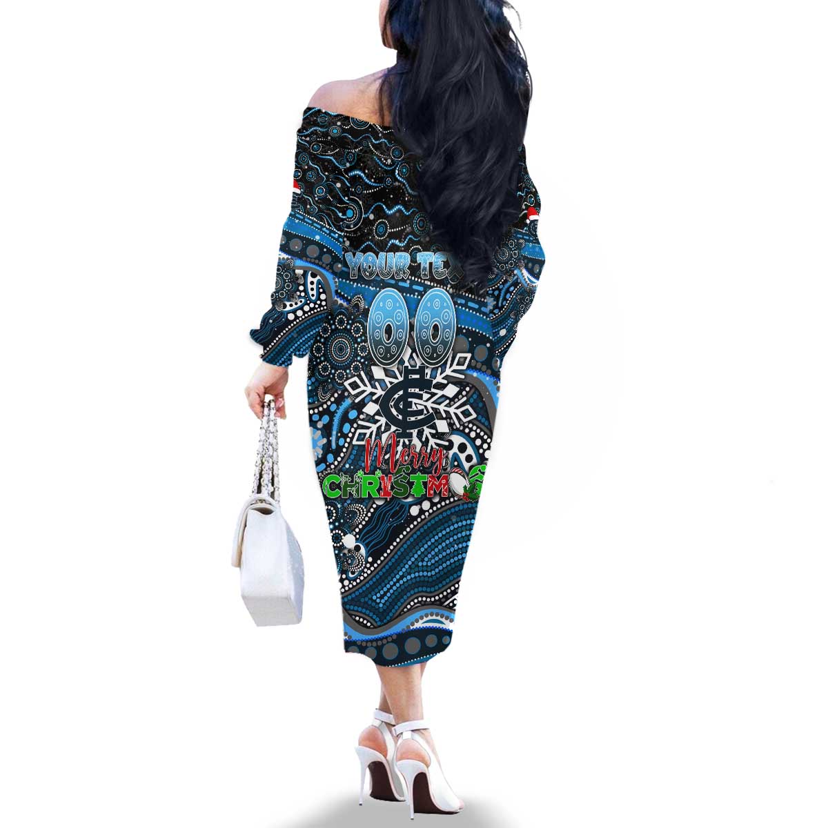 Merry Christmas AFL Carlton Blues Family Matching Off The Shoulder Long Sleeve Dress and Hawaiian Shirt Aboriginal Santa Football Mascot