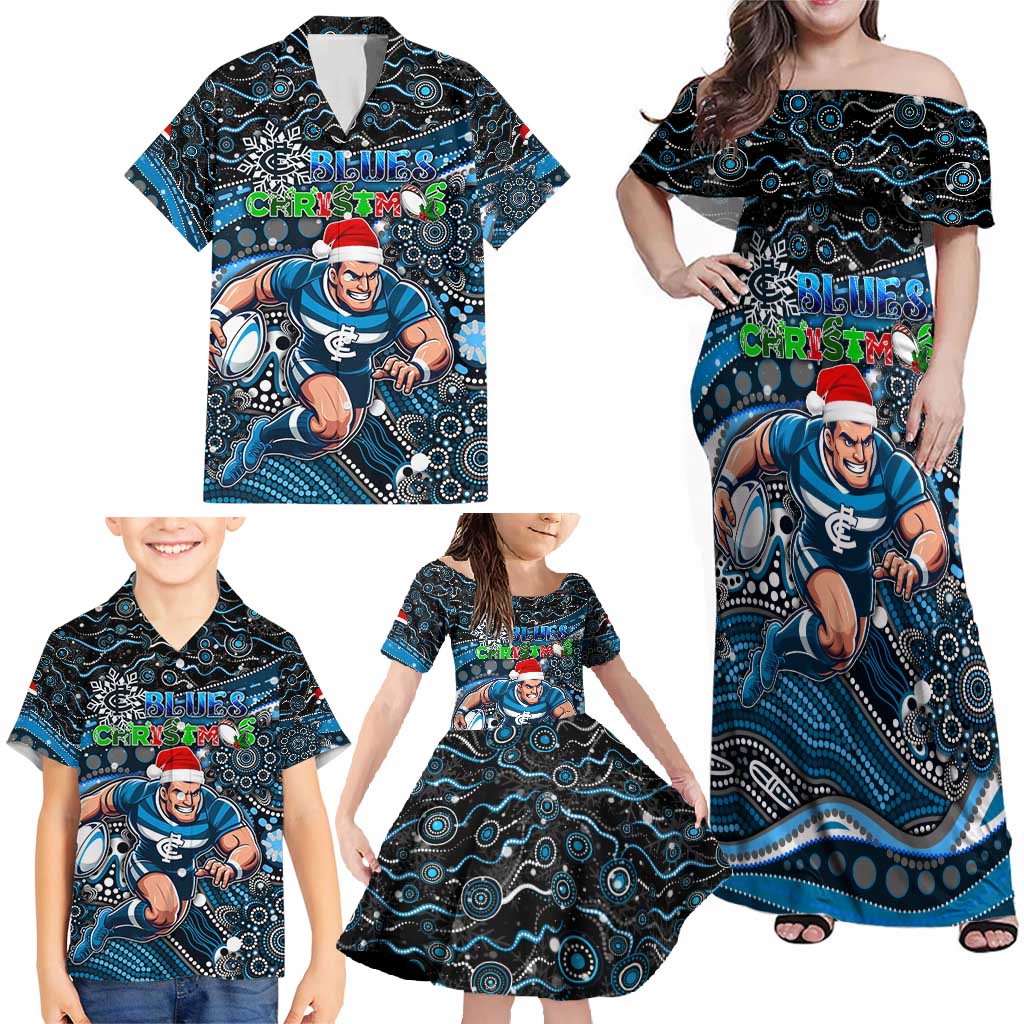 Merry Christmas AFL Carlton Blues Family Matching Off Shoulder Maxi Dress and Hawaiian Shirt Aboriginal Santa Football Mascot