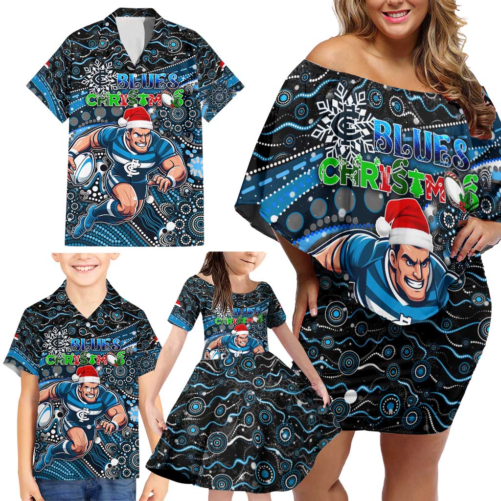 Merry Christmas AFL Carlton Blues Family Matching Off Shoulder Short Dress and Hawaiian Shirt Aboriginal Santa Football Mascot