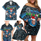 Merry Christmas AFL Carlton Blues Family Matching Off Shoulder Short Dress and Hawaiian Shirt Aboriginal Santa Football Mascot