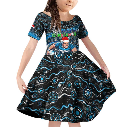 Merry Christmas AFL Carlton Blues Family Matching Off Shoulder Short Dress and Hawaiian Shirt Aboriginal Santa Football Mascot