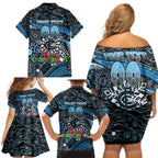 Merry Christmas AFL Carlton Blues Family Matching Off Shoulder Short Dress and Hawaiian Shirt Aboriginal Santa Football Mascot