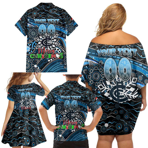 Merry Christmas AFL Carlton Blues Family Matching Off Shoulder Short Dress and Hawaiian Shirt Aboriginal Santa Football Mascot