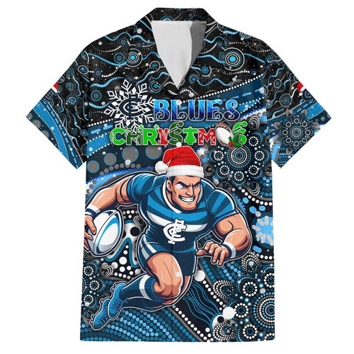 Merry Christmas AFL Carlton Blues Family Matching Off Shoulder Short Dress and Hawaiian Shirt Aboriginal Santa Football Mascot