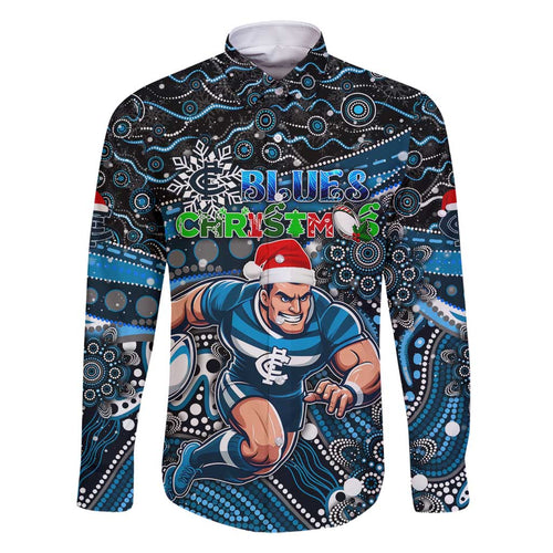 Merry Christmas AFL Carlton Blues Family Matching Off Shoulder Short Dress and Hawaiian Shirt Aboriginal Santa Football Mascot