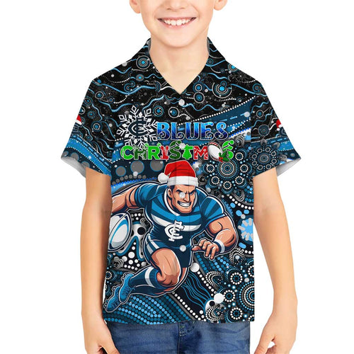 Merry Christmas AFL Carlton Blues Family Matching Off Shoulder Short Dress and Hawaiian Shirt Aboriginal Santa Football Mascot