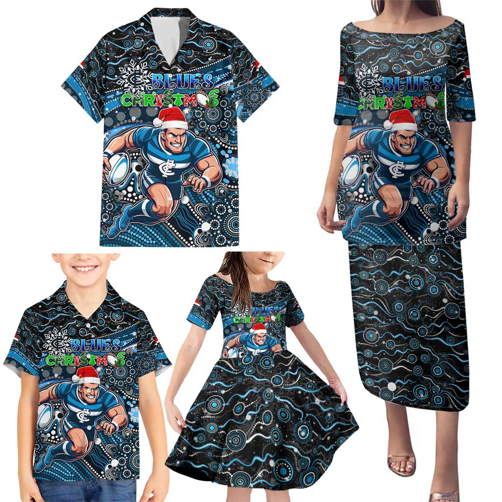 Merry Christmas AFL Carlton Blues Family Matching Puletasi and Hawaiian Shirt Aboriginal Santa Football Mascot
