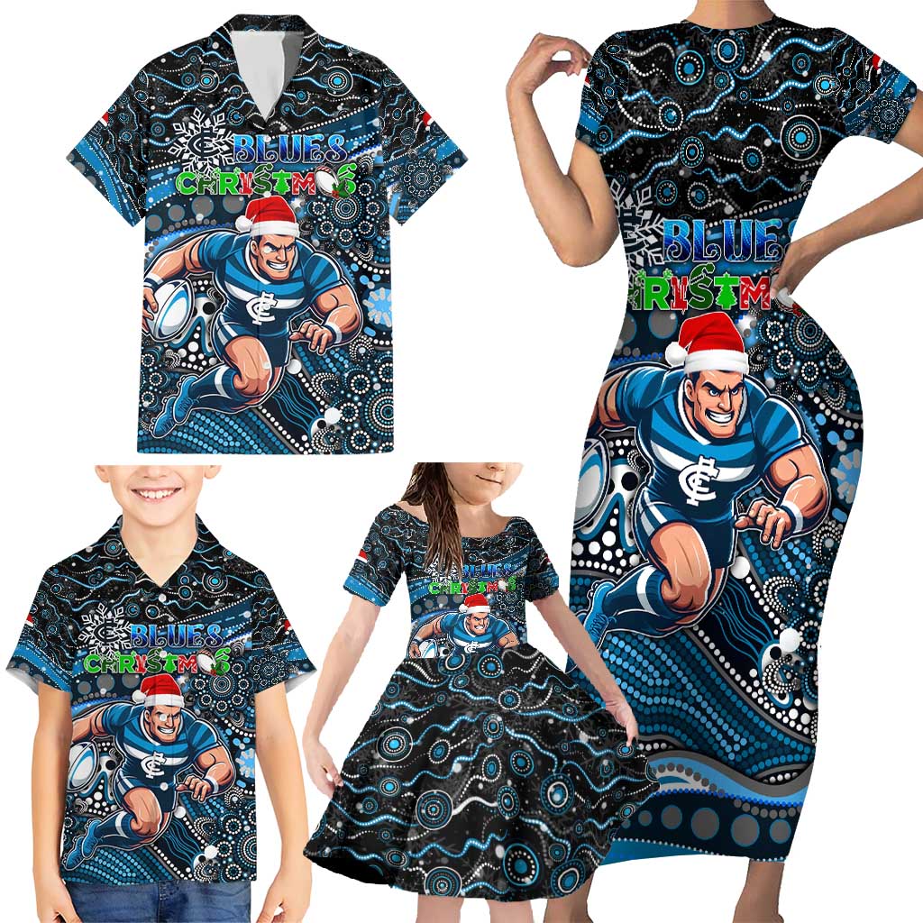 Merry Christmas AFL Carlton Blues Family Matching Short Sleeve Bodycon Dress and Hawaiian Shirt Aboriginal Santa Football Mascot