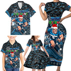 Merry Christmas AFL Carlton Blues Family Matching Short Sleeve Bodycon Dress and Hawaiian Shirt Aboriginal Santa Football Mascot