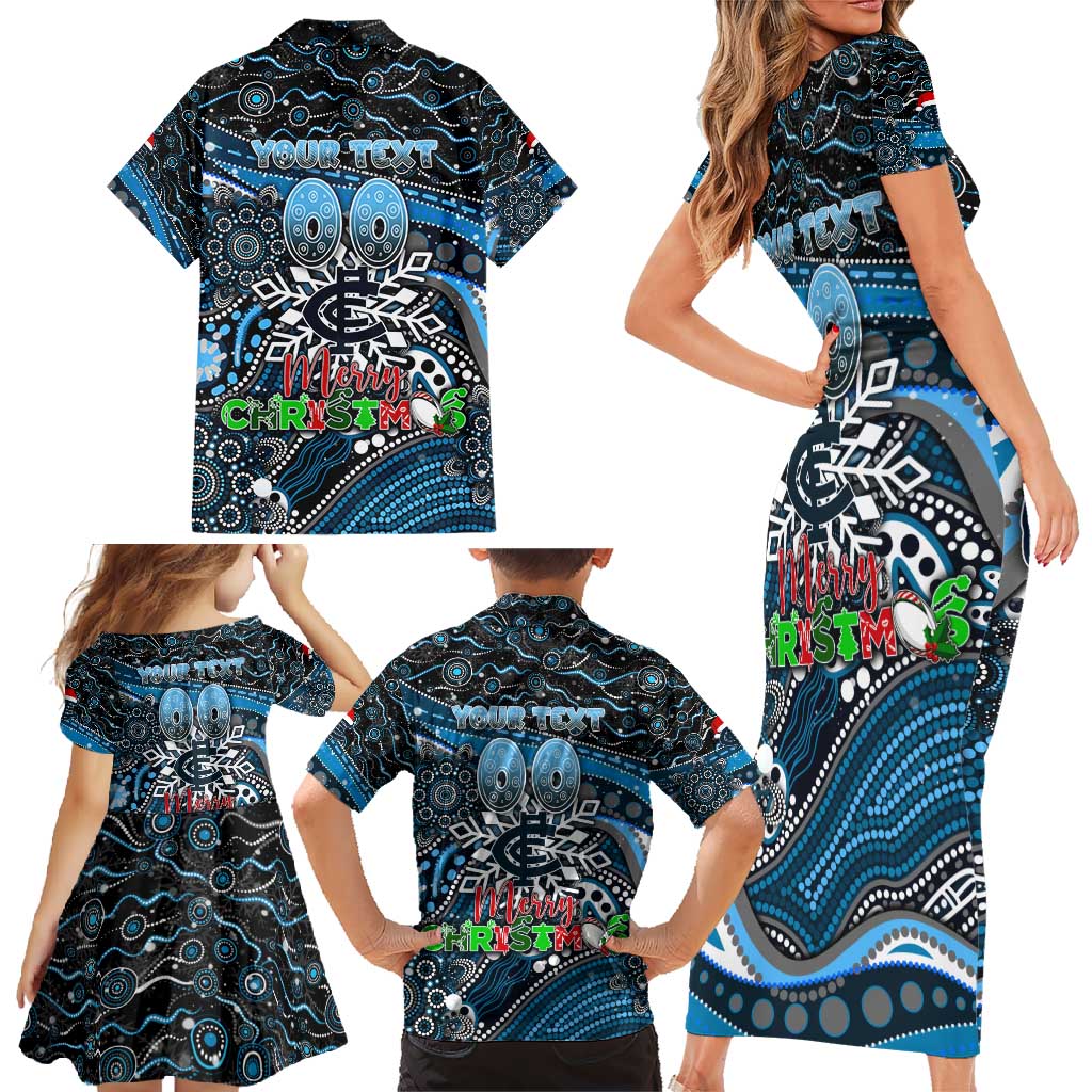 Merry Christmas AFL Carlton Blues Family Matching Short Sleeve Bodycon Dress and Hawaiian Shirt Aboriginal Santa Football Mascot