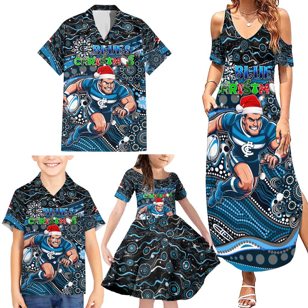 Merry Christmas AFL Carlton Blues Family Matching Summer Maxi Dress and Hawaiian Shirt Aboriginal Santa Football Mascot