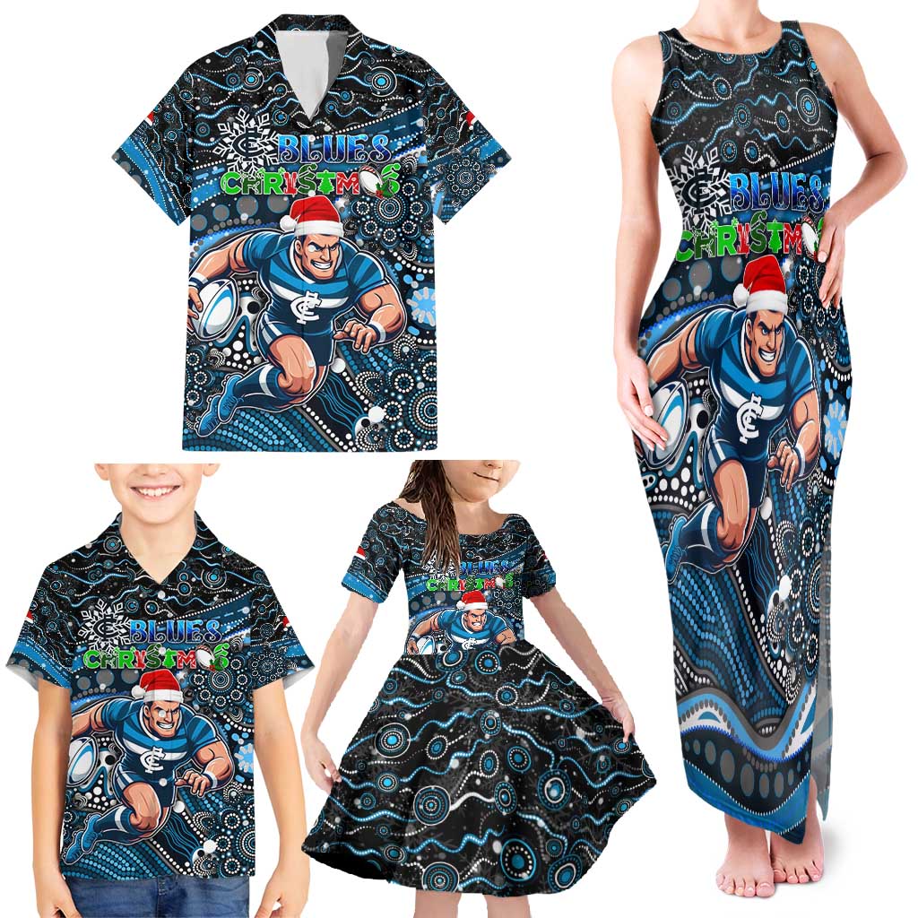 Merry Christmas AFL Carlton Blues Family Matching Tank Maxi Dress and Hawaiian Shirt Aboriginal Santa Football Mascot