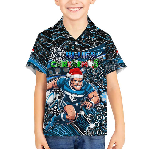 Merry Christmas AFL Carlton Blues Kid Hawaiian Shirt Aboriginal Santa Football Mascot
