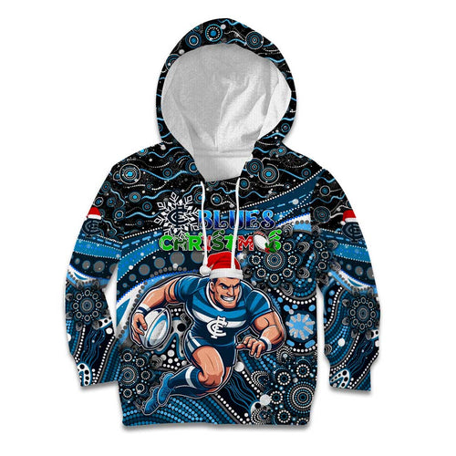 Merry Christmas AFL Carlton Blues Kid Hoodie Aboriginal Santa Football Mascot
