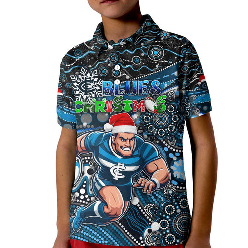 Merry Christmas AFL Carlton Blues Kid Polo Shirt Aboriginal Santa Football Mascot