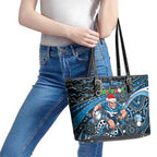 Merry Christmas AFL Carlton Blues Leather Tote Bag Aboriginal Santa Football Mascot