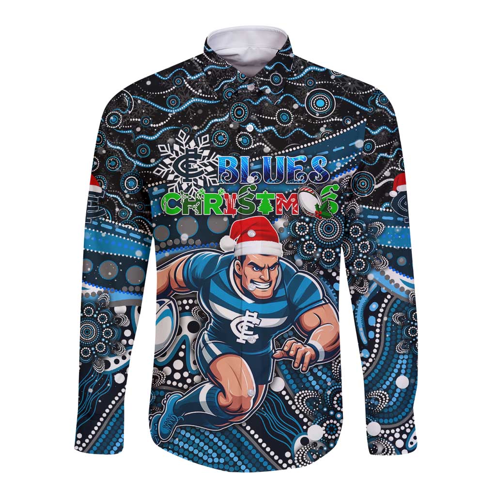 Merry Christmas AFL Carlton Blues Long Sleeve Button Shirt Aboriginal Santa Football Mascot