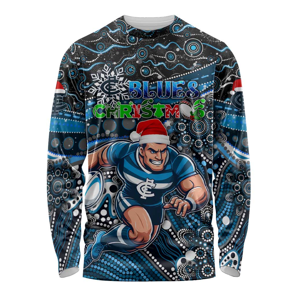 Merry Christmas AFL Carlton Blues Long Sleeve Shirt Aboriginal Santa Football Mascot