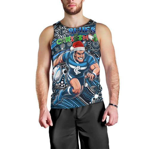 Merry Christmas AFL Carlton Blues Men Tank Top Aboriginal Santa Football Mascot