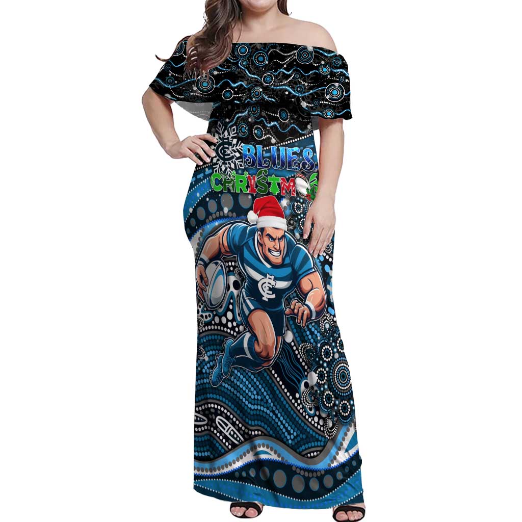 Merry Christmas AFL Carlton Blues Off Shoulder Maxi Dress Aboriginal Santa Football Mascot