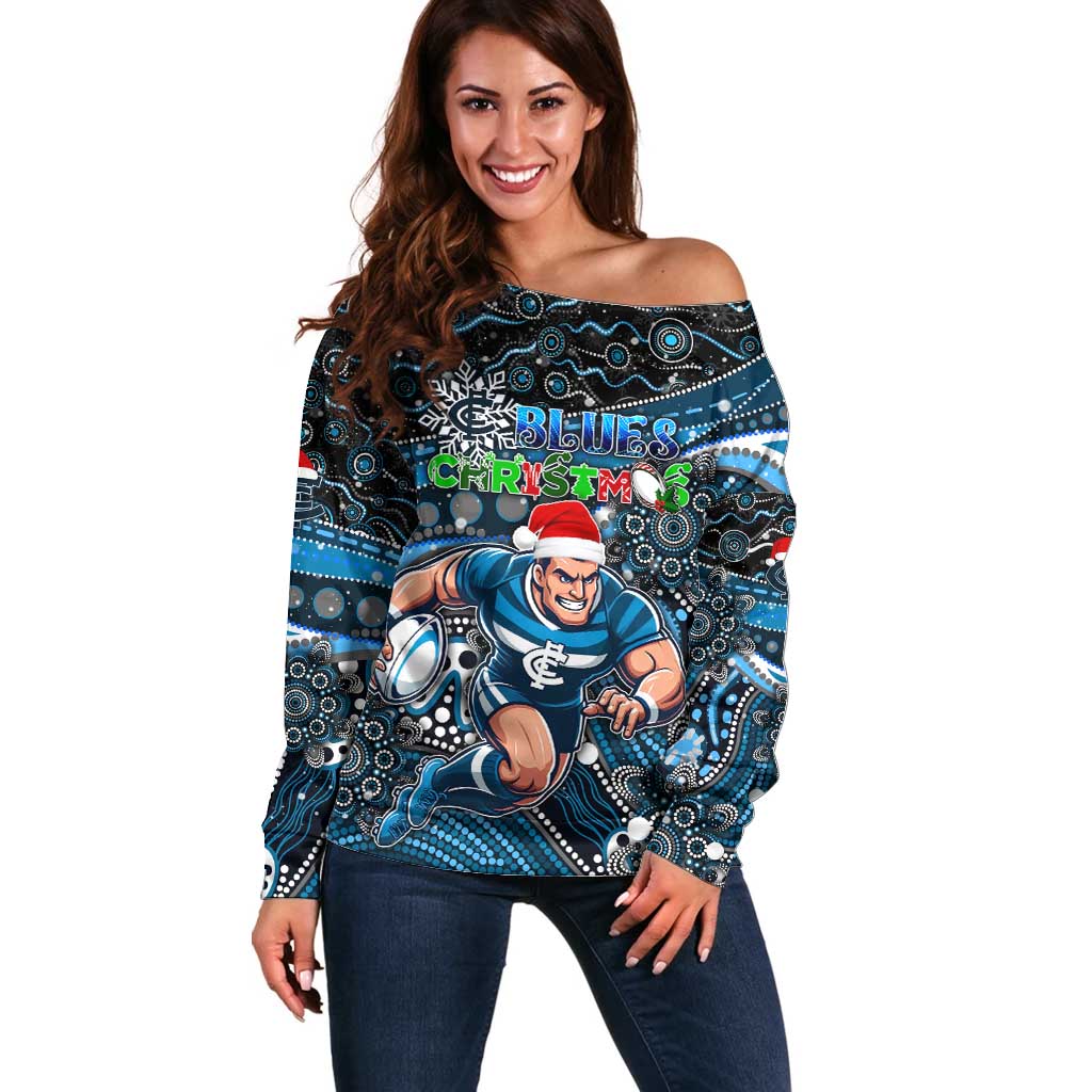 Merry Christmas AFL Carlton Blues Off Shoulder Sweater Aboriginal Santa Football Mascot