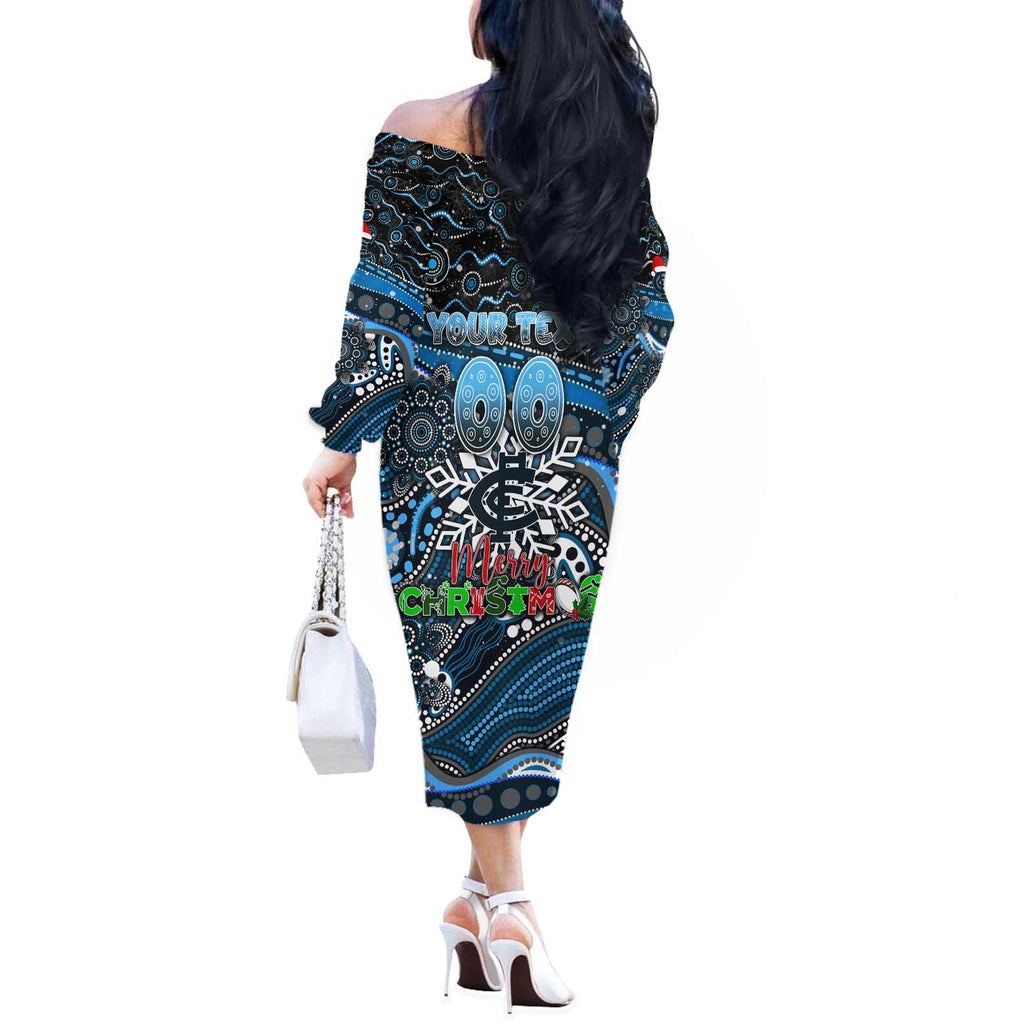 Merry Christmas AFL Carlton Blues Off The Shoulder Long Sleeve Dress Aboriginal Santa Football Mascot