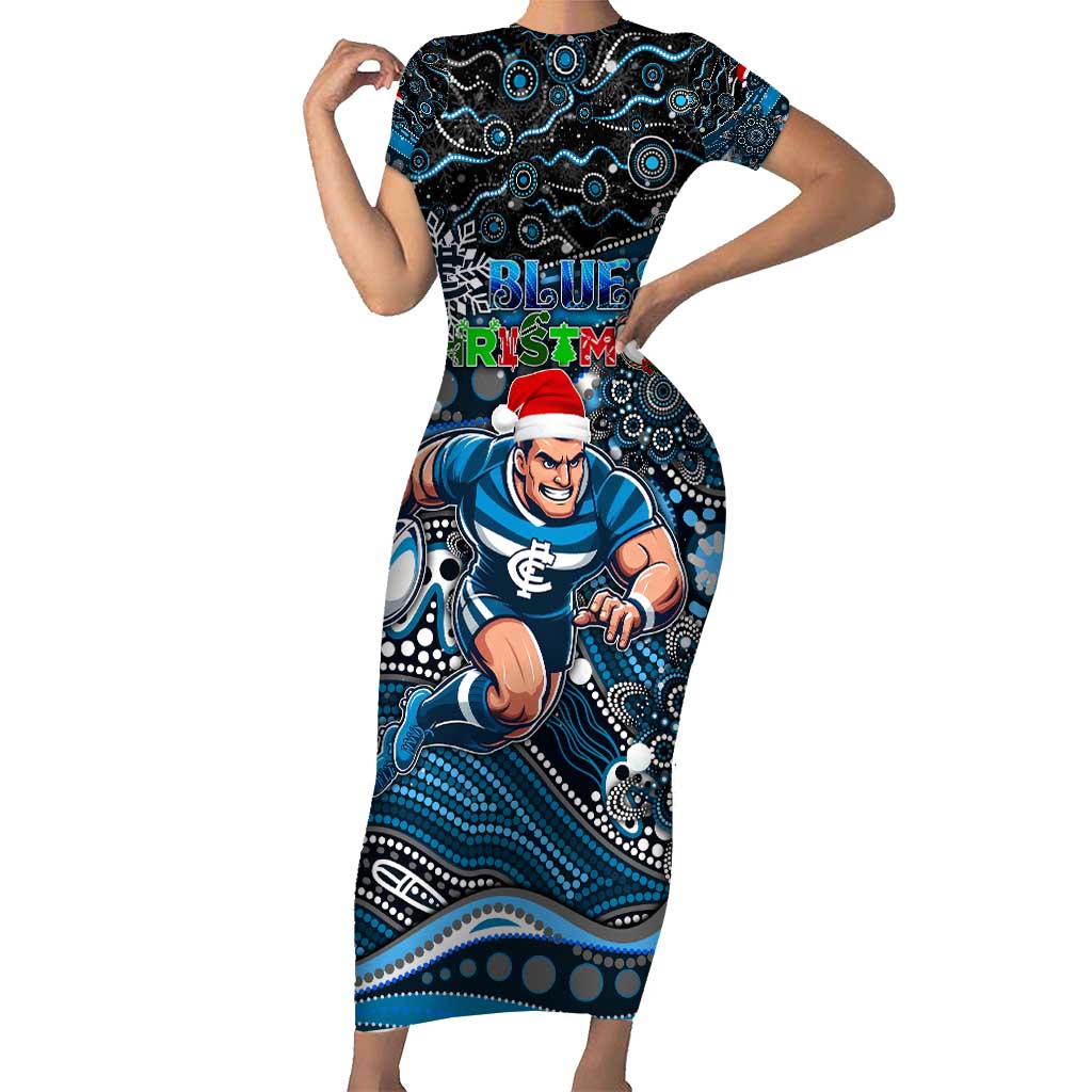 Merry Christmas AFL Carlton Blues Short Sleeve Bodycon Dress Aboriginal Santa Football Mascot