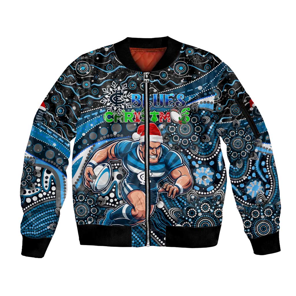 Merry Christmas AFL Carlton Blues Sleeve Zip Bomber Jacket Aboriginal Santa Football Mascot