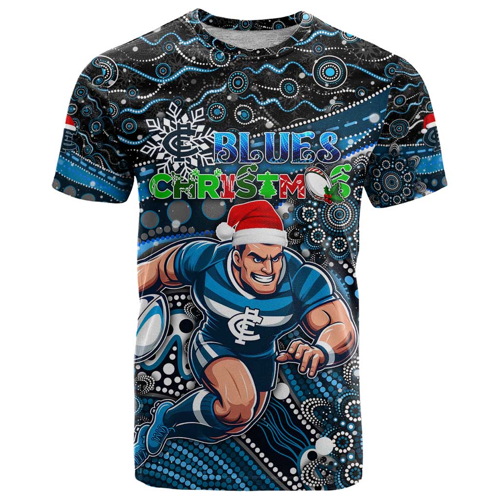 Merry Christmas AFL Carlton Blues T Shirt Aboriginal Santa Football Mascot