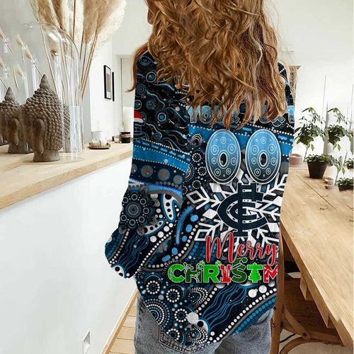 Merry Christmas AFL Carlton Blues Women Casual Shirt Aboriginal Santa Football Mascot