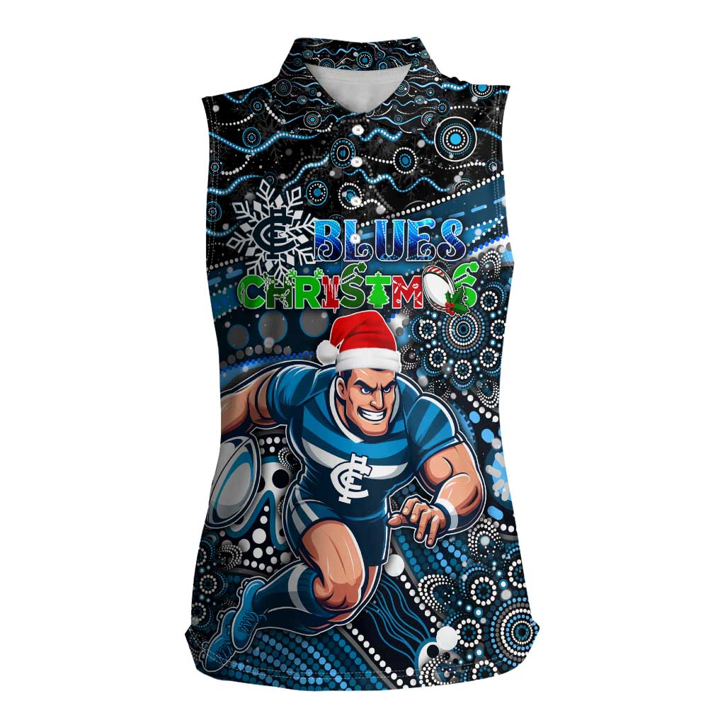 Merry Christmas AFL Carlton Blues Women Sleeveless Polo Shirt Aboriginal Santa Football Mascot