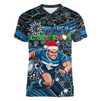 Merry Christmas AFL Carlton Blues Women V-Neck T-Shirt Aboriginal Santa Football Mascot