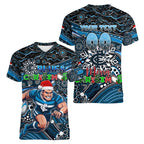 Merry Christmas AFL Carlton Blues Women V-Neck T-Shirt Aboriginal Santa Football Mascot