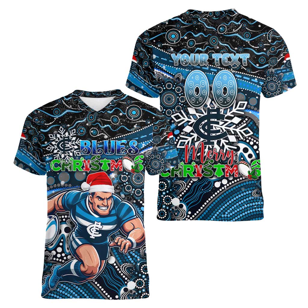 Merry Christmas AFL Carlton Blues Women V-Neck T-Shirt Aboriginal Santa Football Mascot