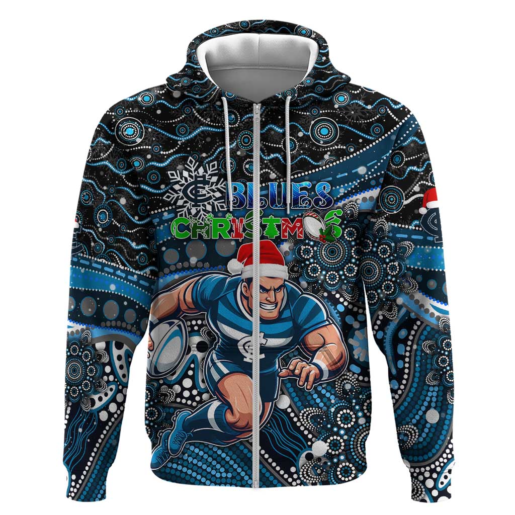 Merry Christmas AFL Carlton Blues Zip Hoodie Aboriginal Santa Football Mascot