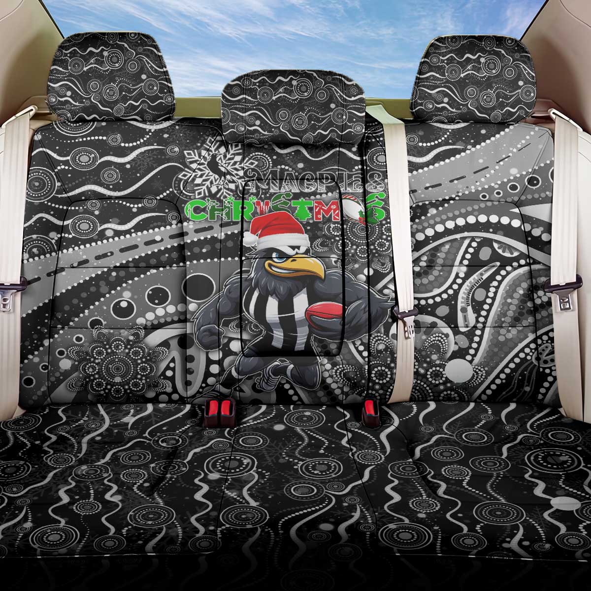 Merry Christmas AFL Collingwood Magpies Back Car Seat Cover Aboriginal Santa Football Mascot