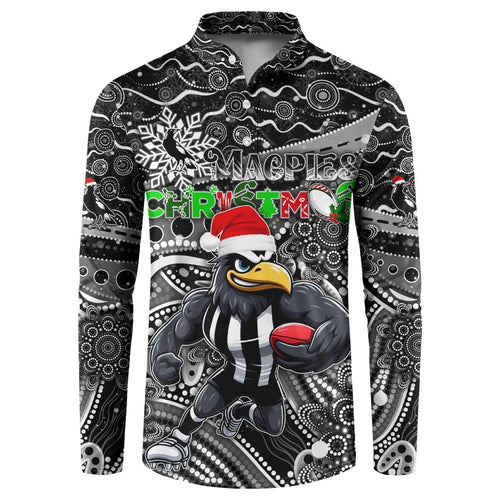 Merry Christmas AFL Collingwood Magpies Button Sweatshirt Aboriginal Santa Football Mascot