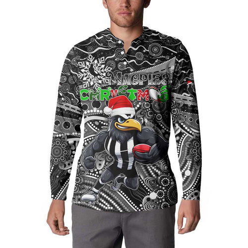Merry Christmas AFL Collingwood Magpies Button Sweatshirt Aboriginal Santa Football Mascot