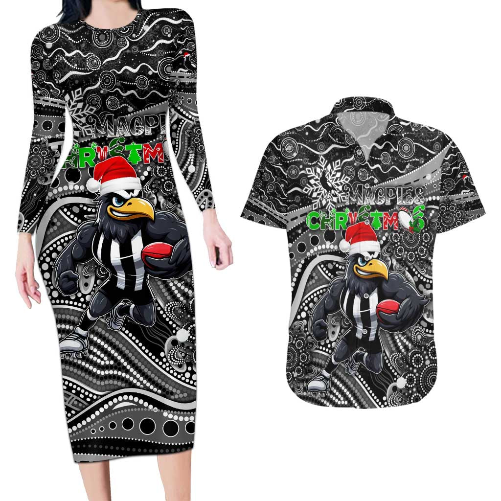 Merry Christmas AFL Collingwood Magpies Couples Matching Long Sleeve Bodycon Dress and Hawaiian Shirt Aboriginal Santa Football Mascot