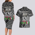 Merry Christmas AFL Collingwood Magpies Couples Matching Long Sleeve Bodycon Dress and Hawaiian Shirt Aboriginal Santa Football Mascot