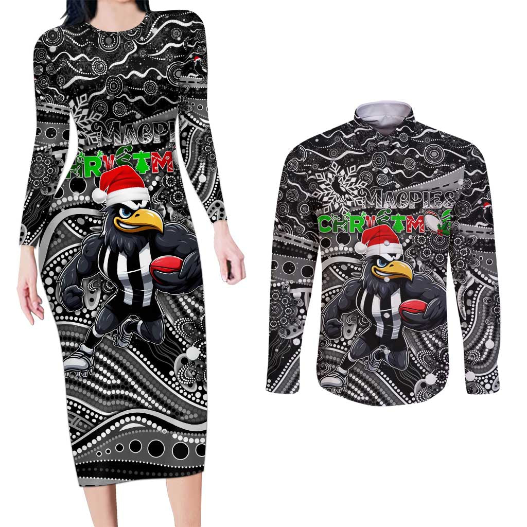 Merry Christmas AFL Collingwood Magpies Couples Matching Long Sleeve Bodycon Dress and Long Sleeve Button Shirt Aboriginal Santa Football Mascot
