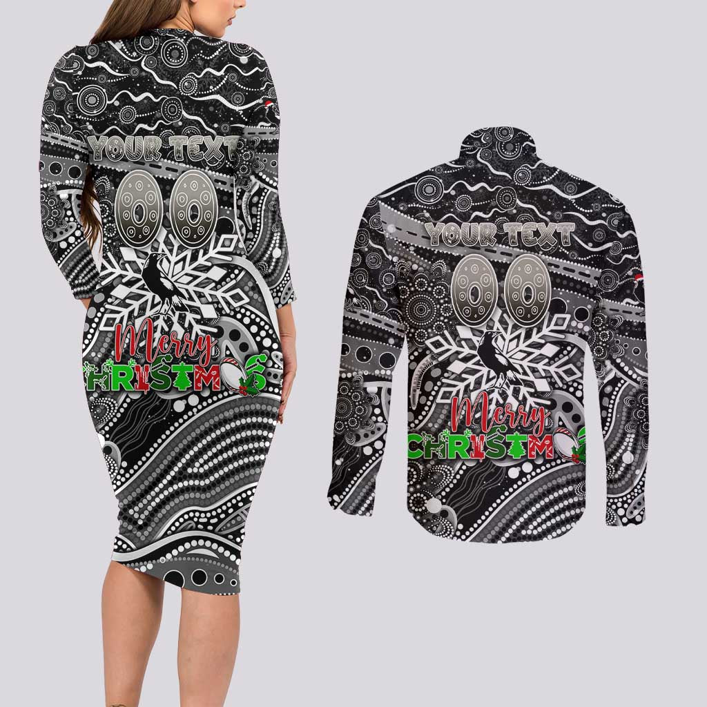 Merry Christmas AFL Collingwood Magpies Couples Matching Long Sleeve Bodycon Dress and Long Sleeve Button Shirt Aboriginal Santa Football Mascot