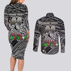 Merry Christmas AFL Collingwood Magpies Couples Matching Long Sleeve Bodycon Dress and Long Sleeve Button Shirt Aboriginal Santa Football Mascot