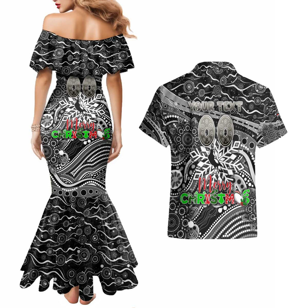 Merry Christmas AFL Collingwood Magpies Couples Matching Mermaid Dress and Hawaiian Shirt Aboriginal Santa Football Mascot