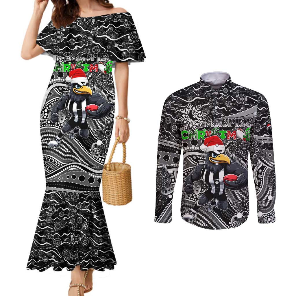 Merry Christmas AFL Collingwood Magpies Couples Matching Mermaid Dress and Long Sleeve Button Shirt Aboriginal Santa Football Mascot