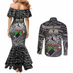 Merry Christmas AFL Collingwood Magpies Couples Matching Mermaid Dress and Long Sleeve Button Shirt Aboriginal Santa Football Mascot